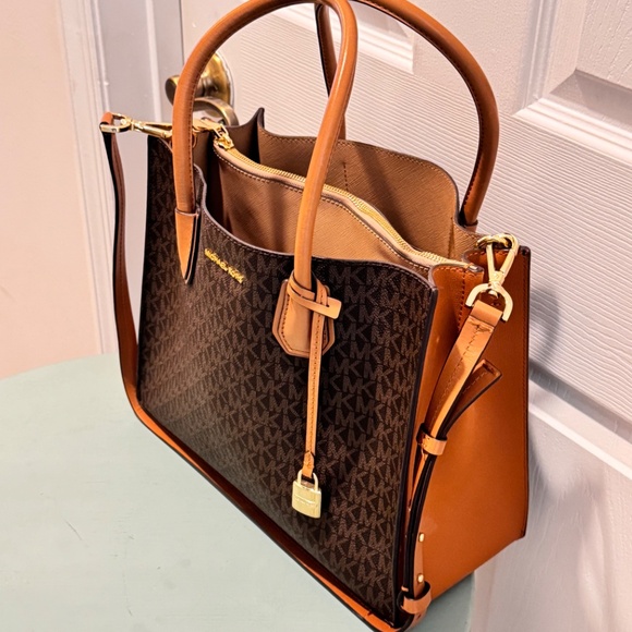 Michael Kors Woman's Logo Handbag, Chocolate Brown with Tan Leather - Picture 3 of 13